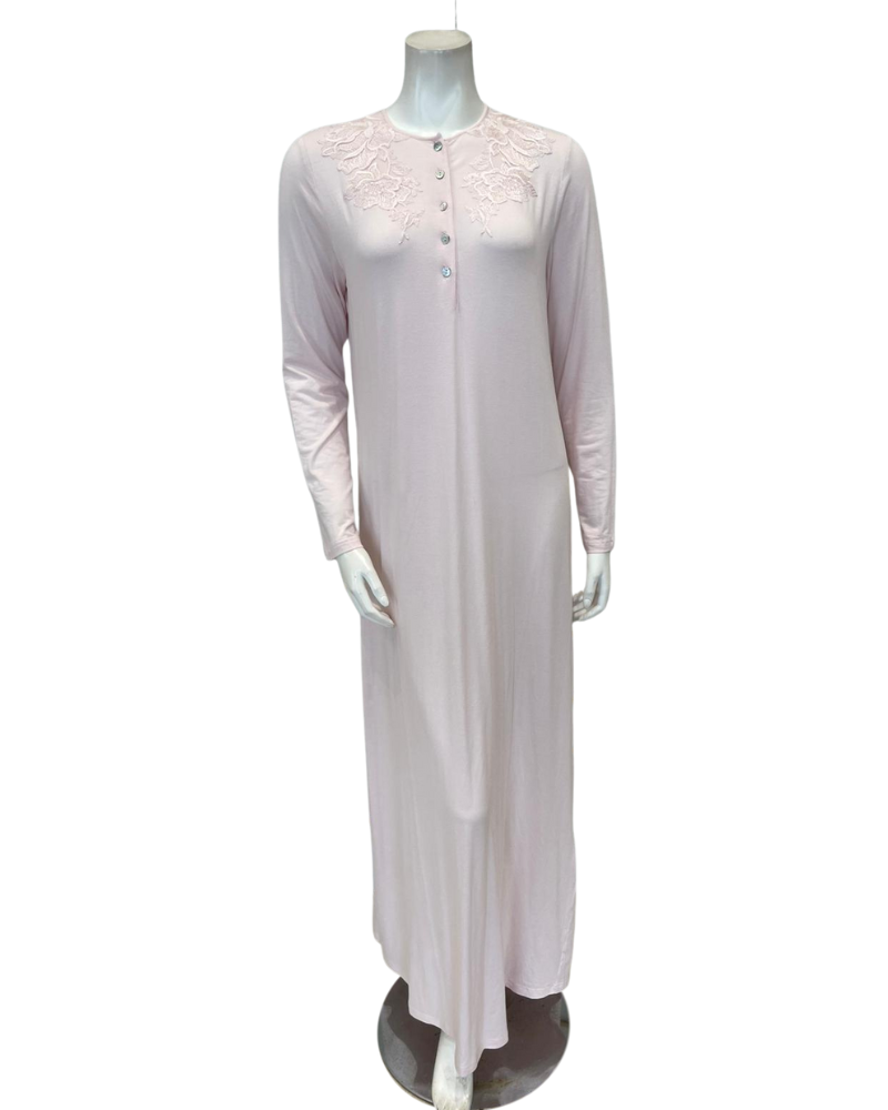Verdiani 4437 Soft Pink Lace Applique Button Down Modal Nightgown Myselflingerie.com
