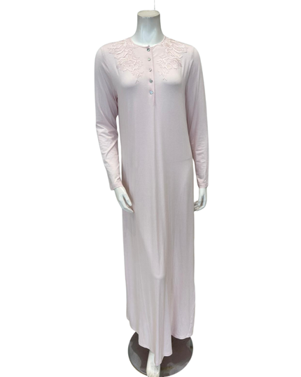 Verdiani 4437 Soft Pink Lace Applique Button Down Modal Nightgown Myselflingerie.com