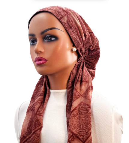 Ahead IT2570 Mauve Damask Design Israeli Style Long Tails Pre-Tied Bandanna Myselflingerie.com