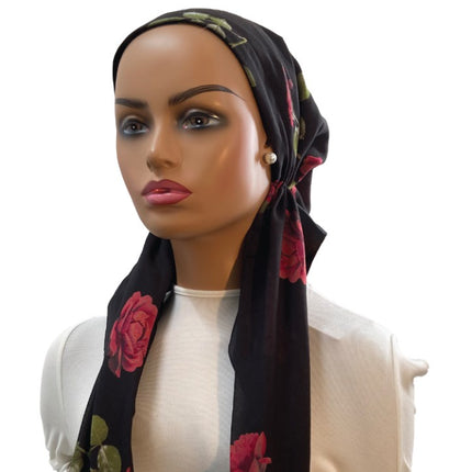 Ahead P2751 Black Floral Bold Rose Classic Fit Pre-Tied Bandanna Myselflingerie.com