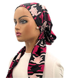 IT8035 Black Magenta Bold Houndstooth Israeli Style Long Tails Pre-Tied Bandanna