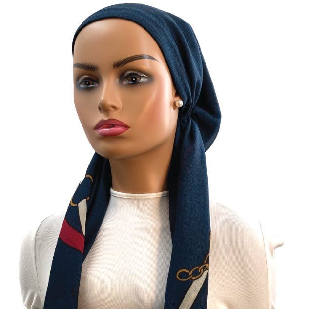 Ahead IT2718 Chambray Straps and Chains Israeli Style Long Tails Pre-Tied Bandanna Myselflingerie.com