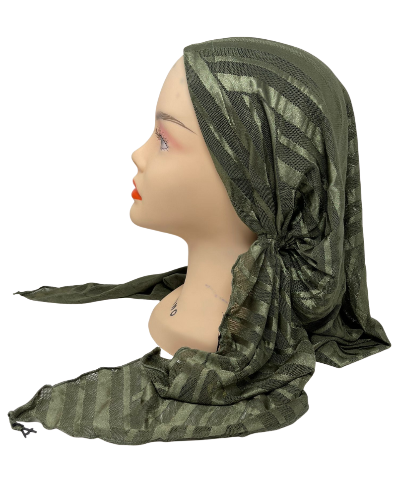Ahead VT2601 Olive Green Waverly Mesh Versatile Style Long Tails Open Back Pre-Tied Bandanna Myselflingerie.com