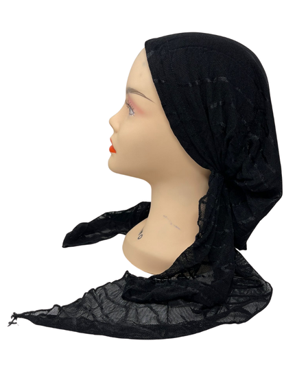 Ahead IT2601 Black Waverly Mesh Israeli Style Long Tails Pre-Tied Bandanna Myselflingerie.com