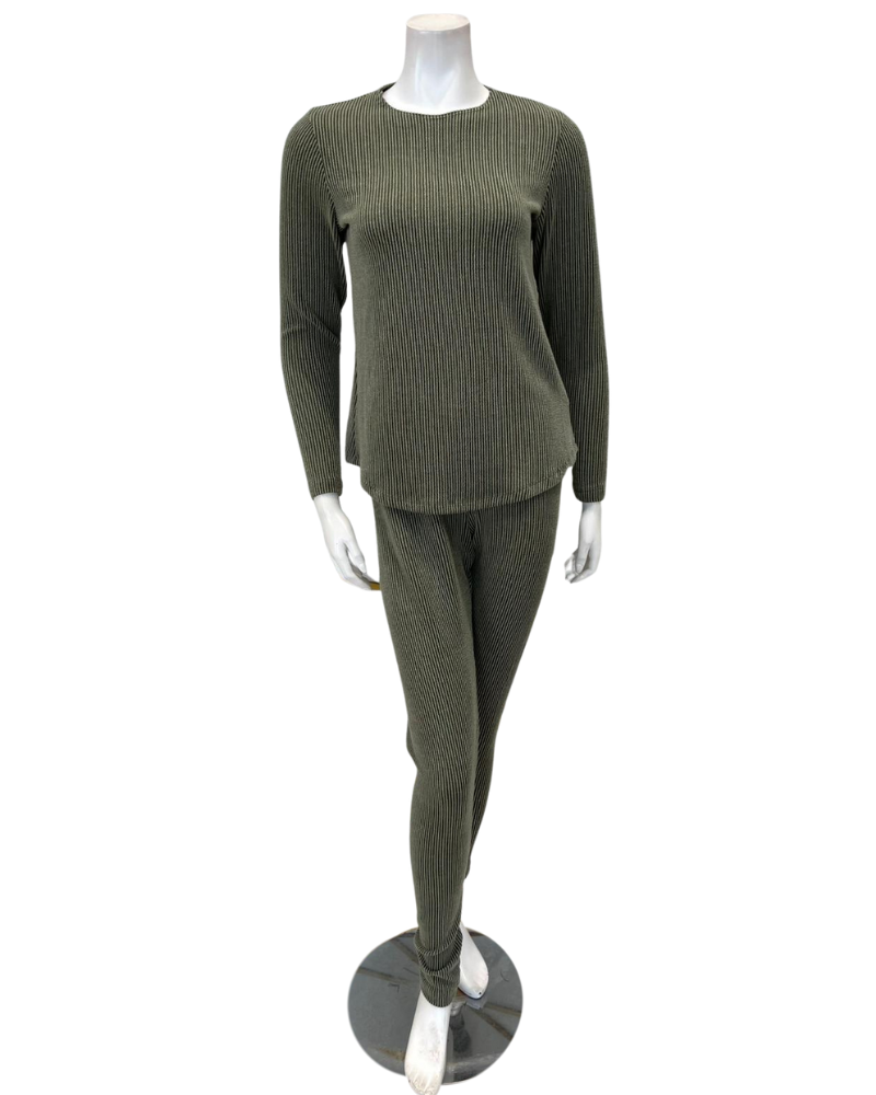 Jackie O'Loungewear PJSET-OLV Olive Ribbed Heather Round Neck Modal Pajamas Set Myselflingerie.com