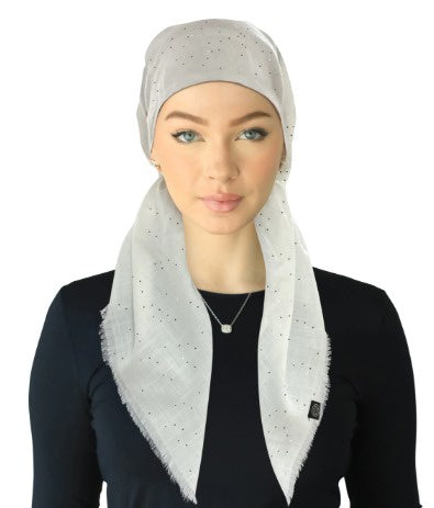 Cherie SPC325A-WH/S White/Silver Sparkle Fringe Design Adjustable Closed Back Pre-Tied Bandanna Myselflingerie.com