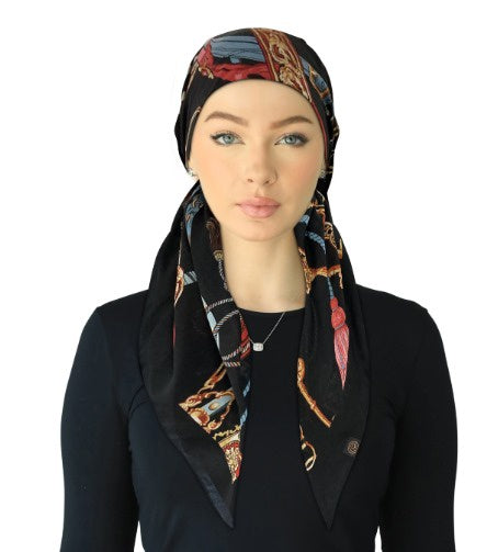 Cherie SPC319A-BLK/MU Black/Multi Tassel Print Adjustable Closed Back Pre-Tied Bandanna Myselflingerie.com