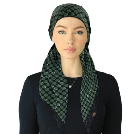 Cherie SPC323A-GN/NY Green/Navy Metallic Dot Design Adjustable Closed Back Pre-Tied Bandanna Myselflingerie.com