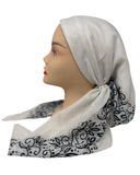 OB-LACE-BK White with Black Lace Border Design Pre-Tied Open Back Bandanna with Velvet Grip