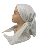 OB-LACE-SI White with Silver Lace Border Design Pre-Tied Open Back Bandanna with Velvet Grip