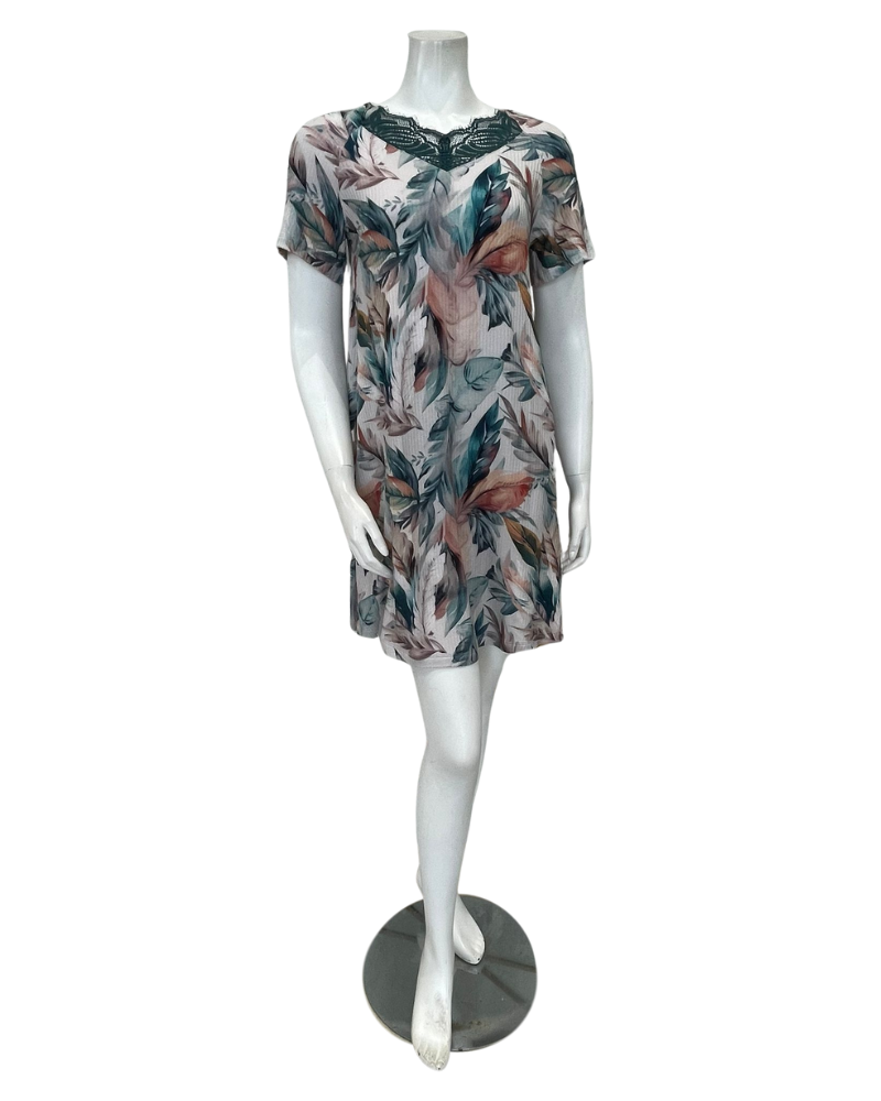 Oh! Zuza 4529 Floral Print Sheer Lace Back Ribbed Modal Nightshirt Myselflingerie.com