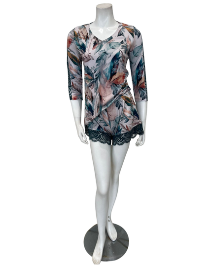 Oh! Zuza Floral Print Ribbed Modal Sheer Long Sleeve & Shorts Pajamas Set