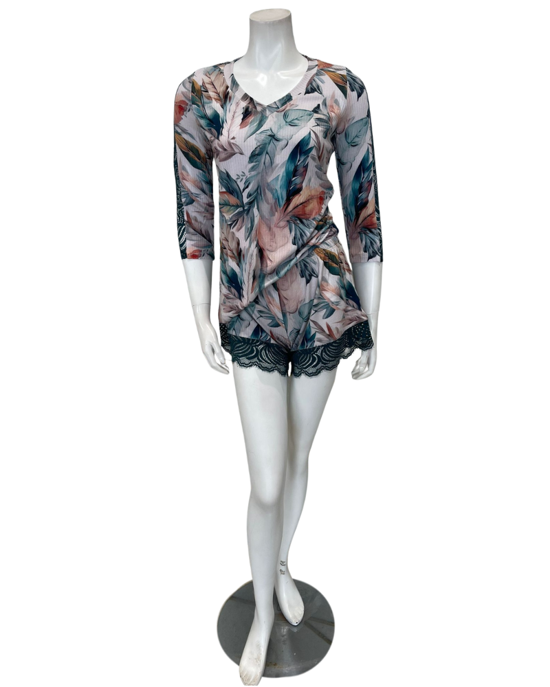 Oh! Zuza Floral Print Ribbed Modal Sheer Long Sleeve & Shorts Pajamas Set