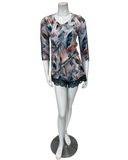 4528 Floral Print Ribbed Modal Sheer Long Sleeve & Shorts Pajamas Set