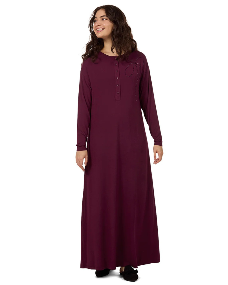 Me Moi CNL09979 Fig Rhinestone Bow Button Down Modal Nightgown Myselflingerie.com