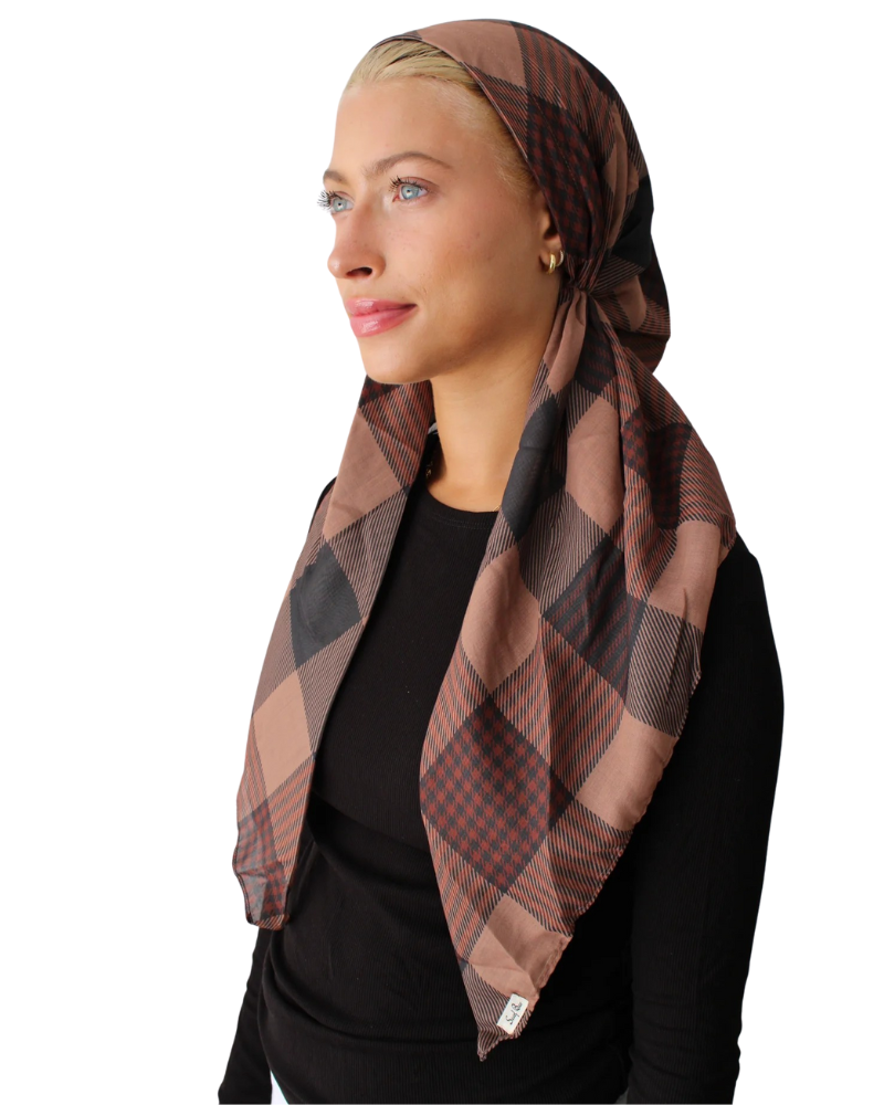 Scarf Bar Caramel Plaid Classic Pre-Tied Bandanna with Velvet Grip Myselflingerie.com