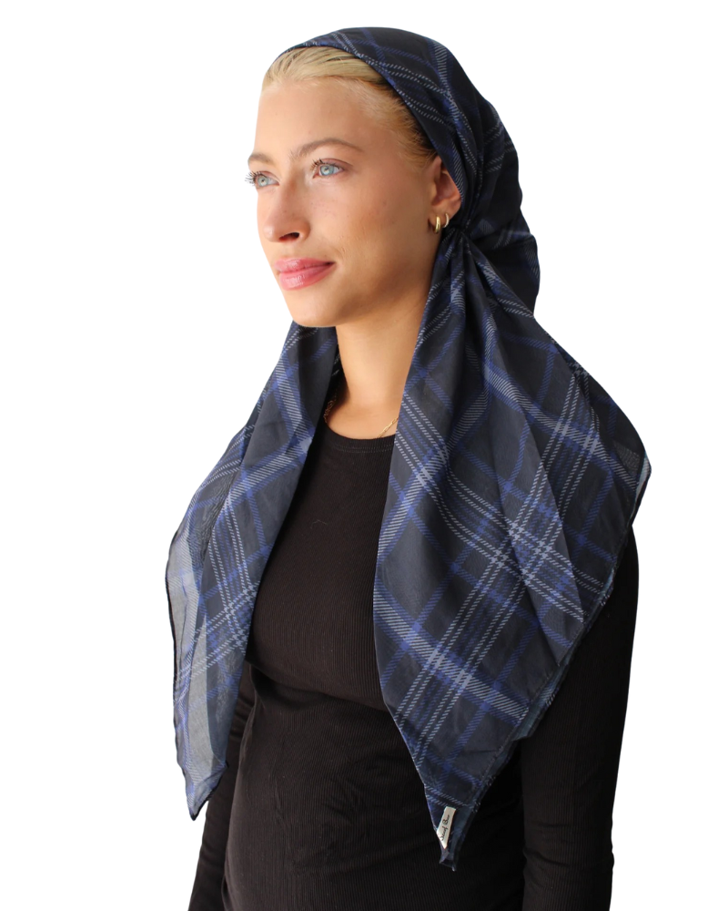 Scarf Bar Blue Mist Plaid Classic Pre-Tied Bandanna with Velvet Grip Myselflingerie.com