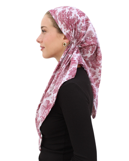 Burgundy Toile Open Back Pre-Tied Bandanna with Velvet Grip