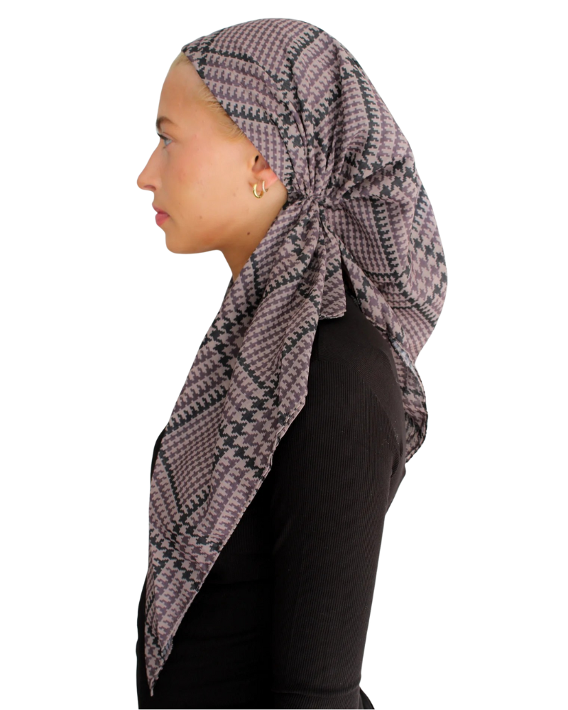 Ash Houndstooth Open Back Pre-Tied Bandanna with Velvet Grip