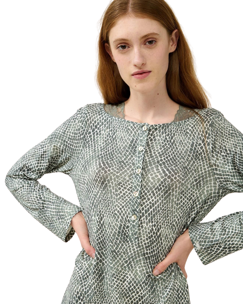 Vamp Green Sage Lace Neck Detail Button Down Modal Nightshirt