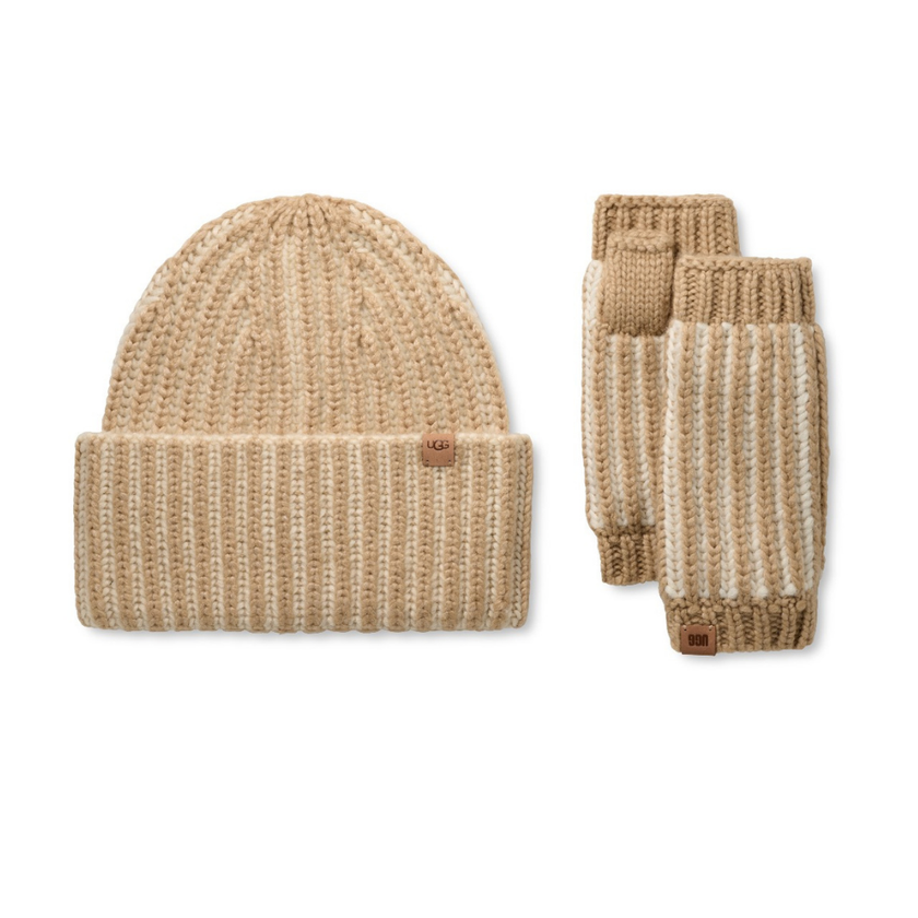UGG 103605 Cream Multi Chunky Plaited Fingerless Gloves and Beanie Set Myselflingerie.com