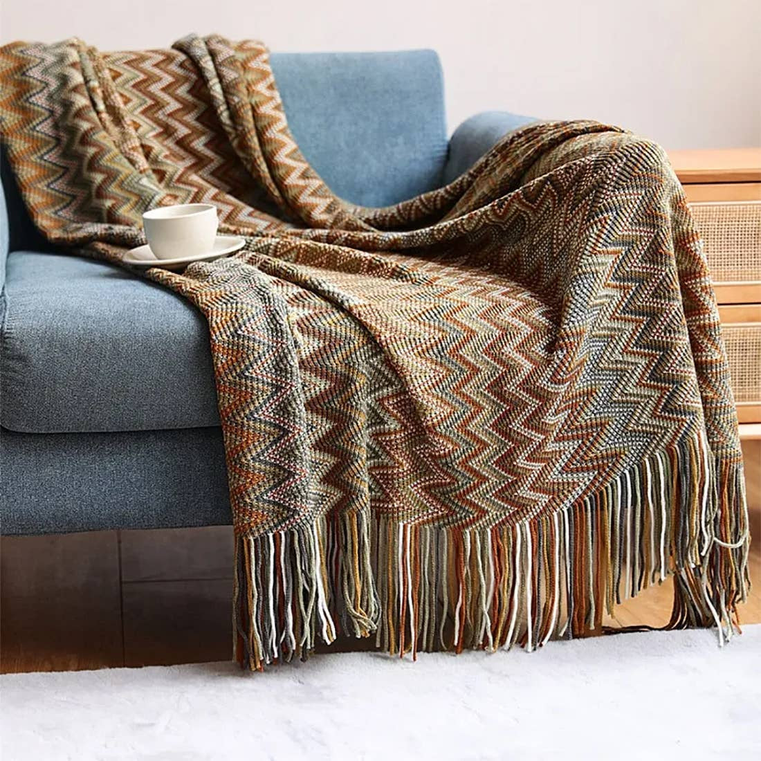 TH0022.BR5060 Green/Brown Zigzag Knit Throw Blanket