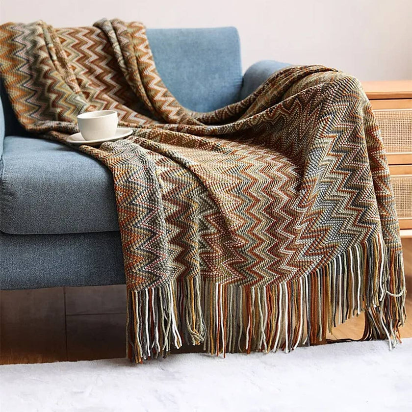 TH0022.BR5060 Green/Brown Zigzag Knit Throw Blanket