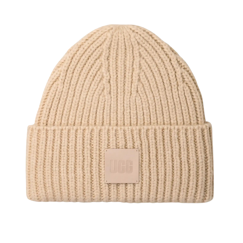 UGG 20061 Cream Chunky Rib Knit Beanie with Logo Myselflingerie.com