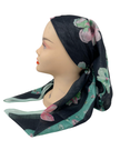 OB-FLOW-GN Green Flower Print on Black Shimmer Pre-Tied Open Back Bandanna with Velvet Grip