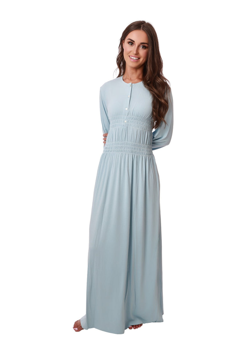 Rojo London Pippa Morning Light Blue Smocked Button Down Nightgown Myselflingerie.com