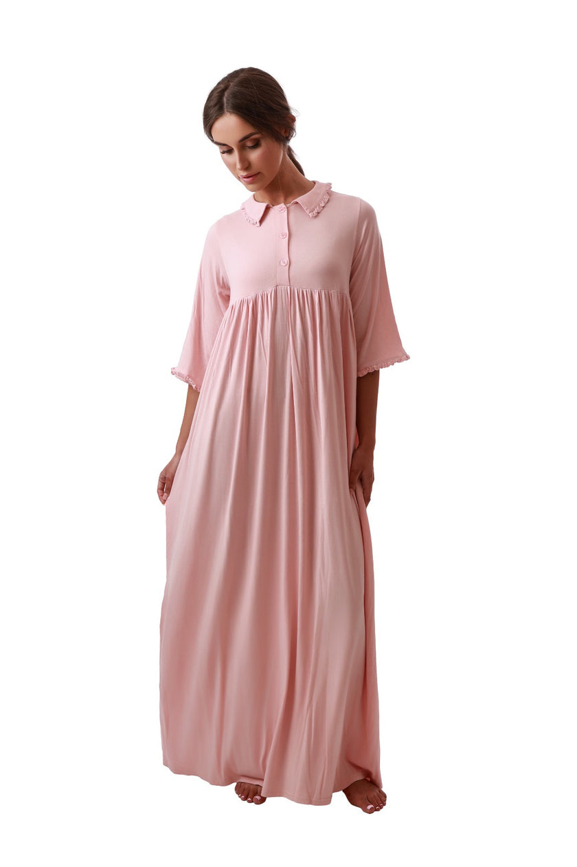 Rojo London Milly Pink Collared High Waisted Modal Nightgown Myselflingerie.com
