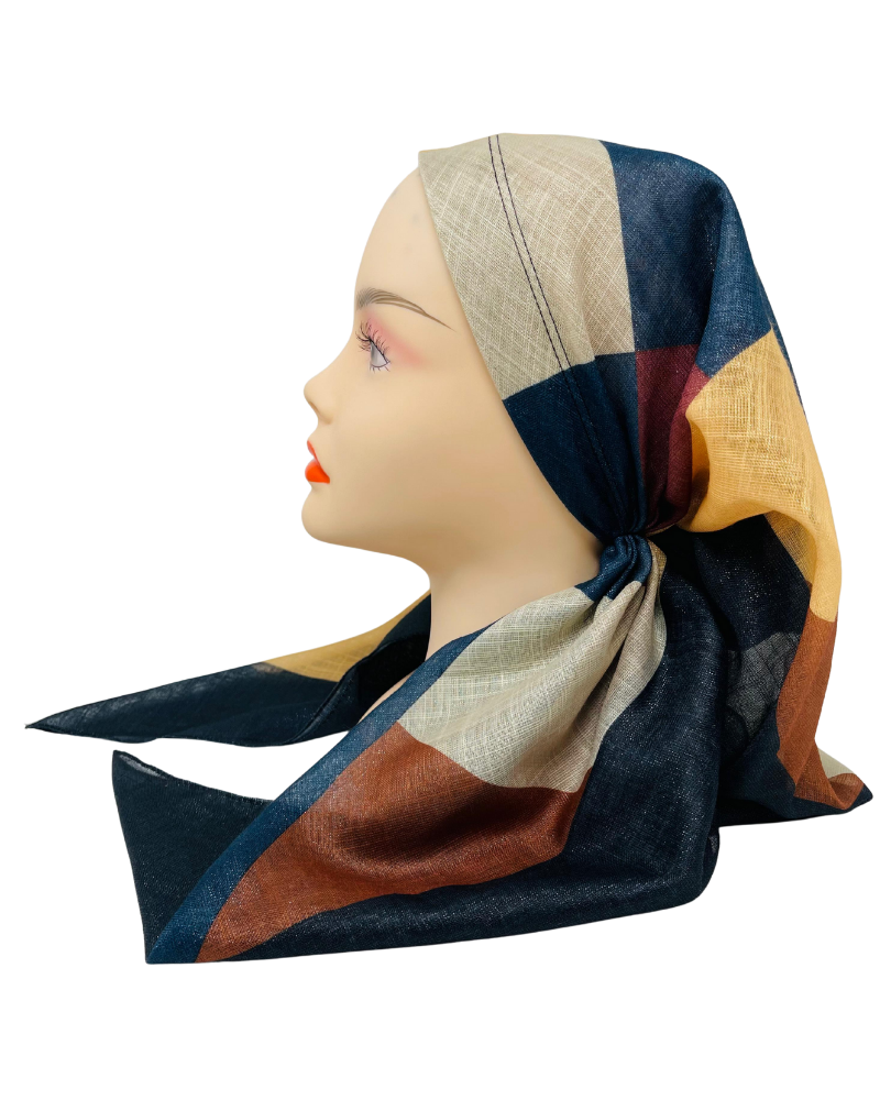 OB-PATCH-NY Yellow/Navy Patchwork Shimmer Pre-Tied Open Back Bandanna with Velvet Grip