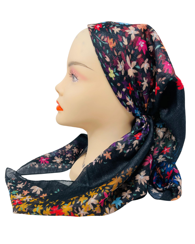 OB-MINI-BLK Mini Flowers Black Shimmer Pre-Tied Open Back Bandanna with Velvet Grip