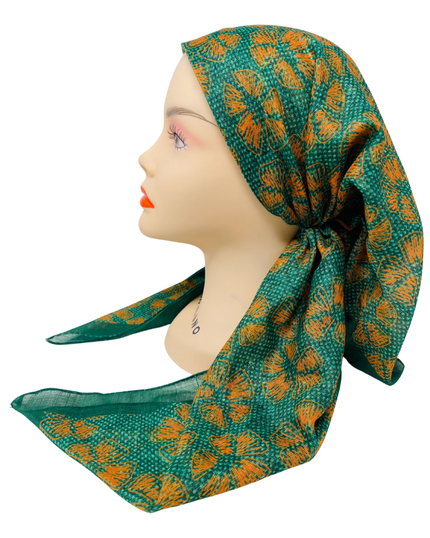 OB-WHFL-GN Pumpkin Stitched Flowers Green Shimmer Pre-Tied Open Back Bandanna with Velvet Grip