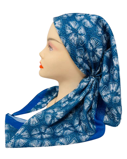 OB-WHFL-BL White Stitched Flowers Blue Shimmer Pre-Tied Open Back Bandanna with Velvet Grip