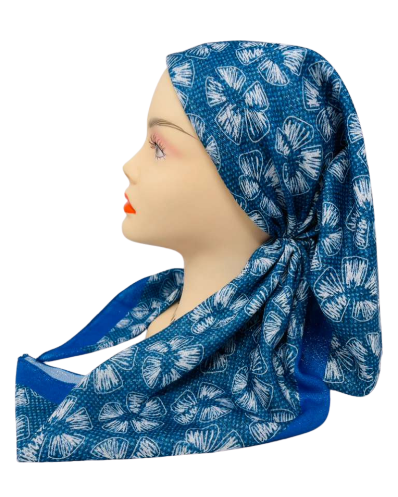 OB-WHFL-BL White Stitched Flowers Blue Shimmer Pre-Tied Open Back Bandanna with Velvet Grip