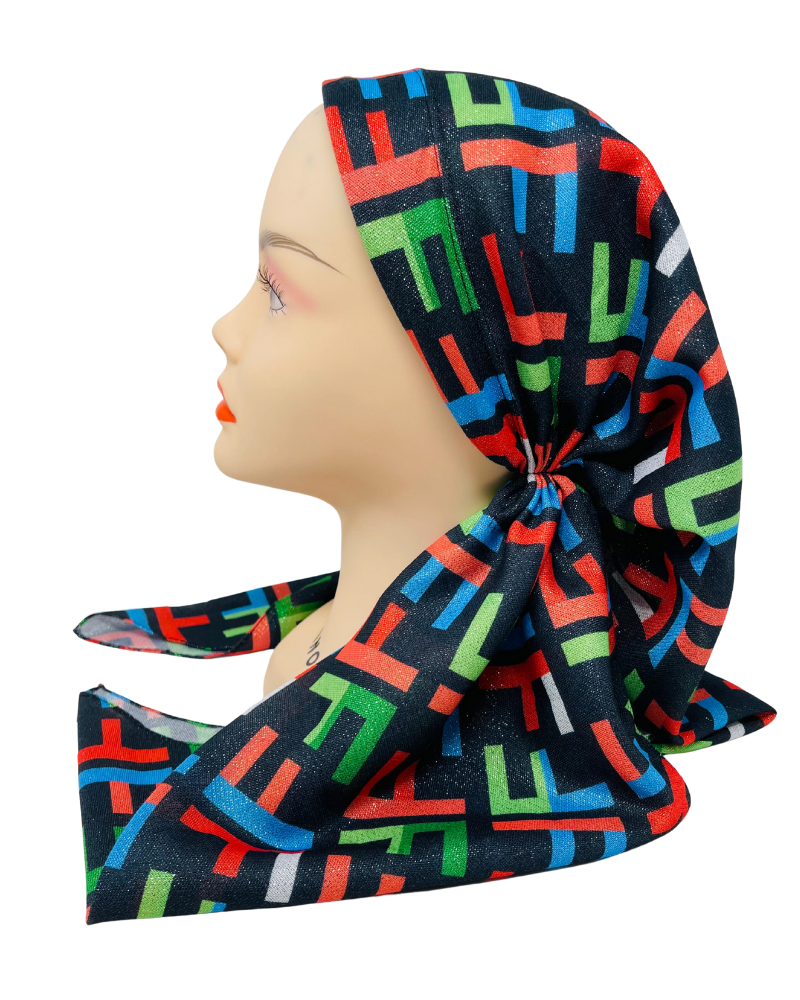 OB-FEN-MU Multicolor Designer Inspired Shimmer Pre-Tied Open Back Bandanna with Velvet Grip