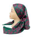 OB-WHFL-PK Pink Stitched Flowers Green Shimmer Pre-Tied Open Back Bandanna with Velvet Grip