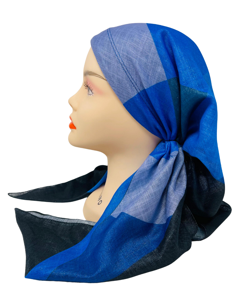 OB-PAT-BL Blue Tones Patches Shimmer Pre-Tied Open Back Bandanna with Velvet Grip
