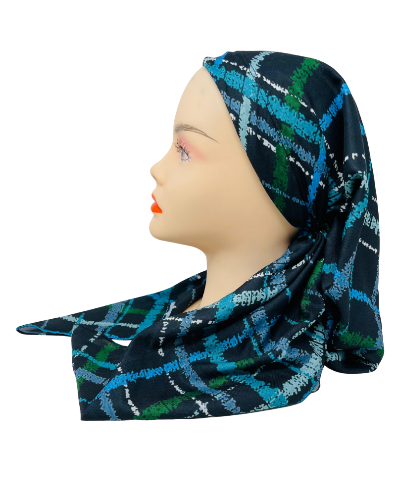 OB-STR-BL Blue/Green Mix Stripes Pre-Tied Open Back Bandanna with Velvet Grip