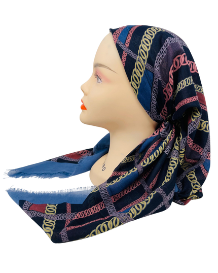 It's Younique OB-CHAI-DN Rows of Chains Denim Border Pre-Tied Open Back Bandanna with Velvet Grip Myselflingerie.com