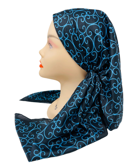 It's Younique Royal Blue Vine Print Pre-Tied Open Back Bandanna with Velvet Grip