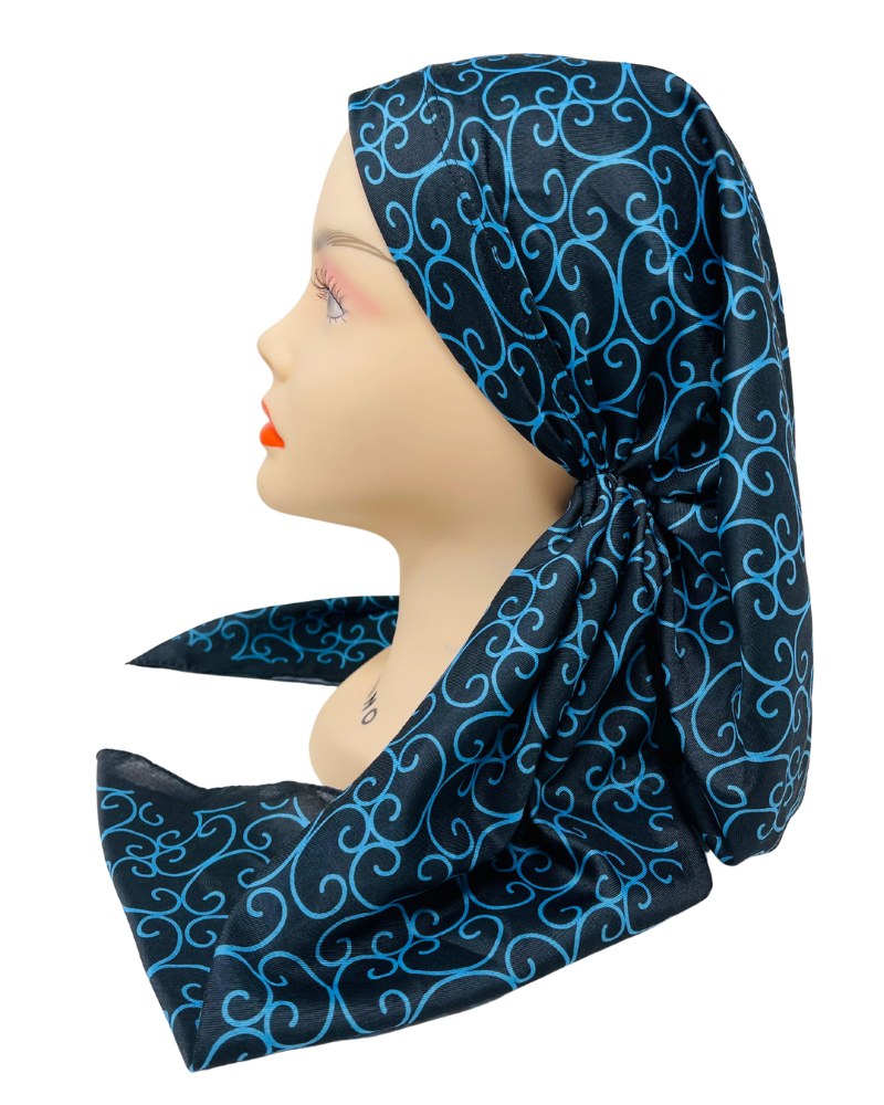 It's Younique Royal Blue Vine Print Pre-Tied Open Back Bandanna with Velvet Grip