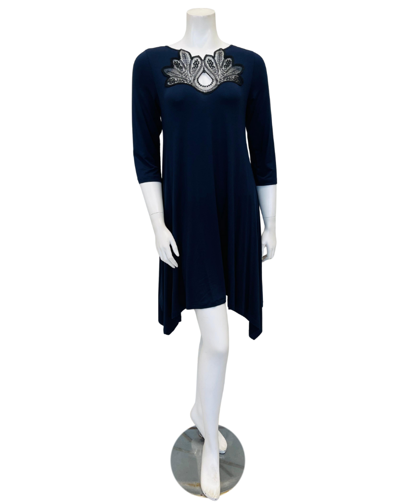 Oh! Zuza OZ246 Midnight Blue Flared Modal Nightshirt with Black Lace Neckline Myselflingerie.com