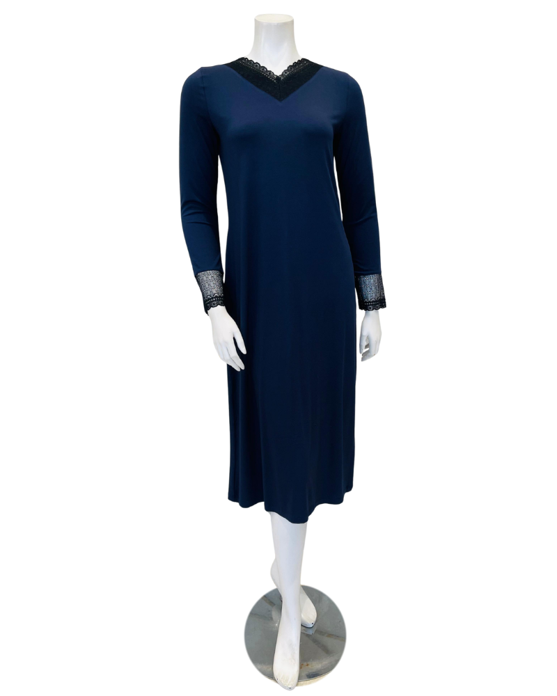 Oh! Zuza M4140 Midnight Blue Swirl Design Modest V Neck Modal Nightshirt Myselflingerie.com