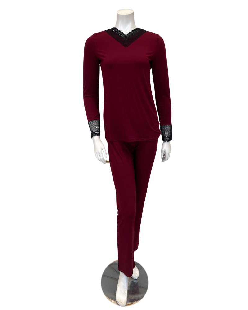 Oh! Zuza M4141 Red Wine Swirl Design Lace V Neck Modal Pajamas Set Myselflingerie.com