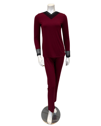 Oh! Zuza M4141 Red Wine Swirl Design Lace V Neck Modal Pajamas Set Myselflingerie.com