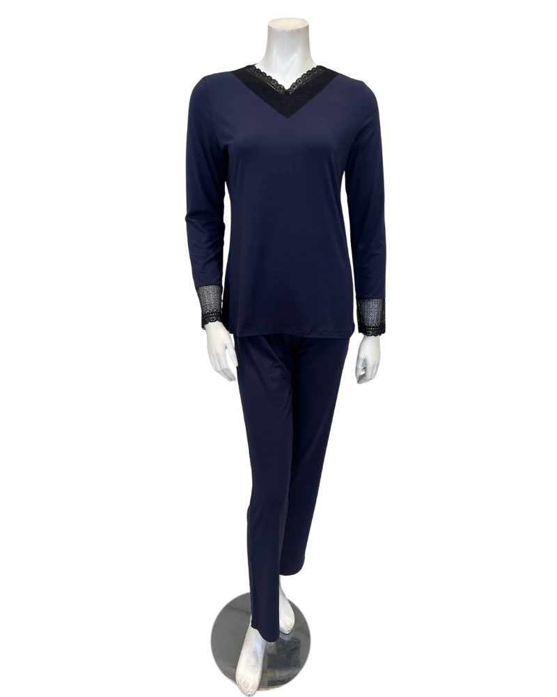 Oh! Zuza M4141 Midnight Blue Swirl Design Lace V Neck Modal Pajamas Set Myselflingerie.com