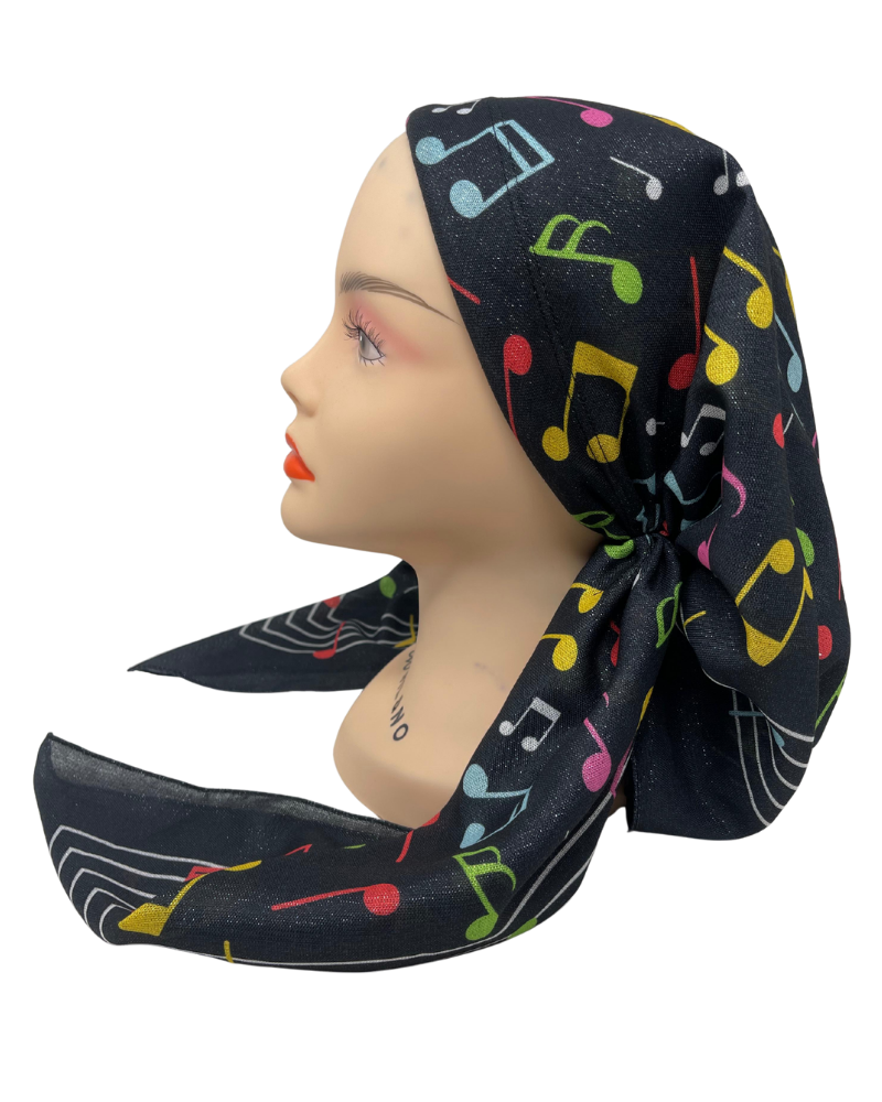 It's Younique OB-BLK-MED Musical Medley Print Black Shimmer Pre-Tied Open Back Bandanna with Velvet Grip Myselflingerie.com