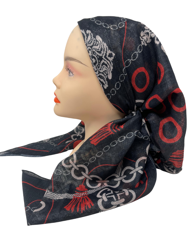 It's Younique OB-CHAI-RW Red & White Chains and Tassels Shimmer Pre-Tied Open Back Bandanna with Velvet Grip Myselflingerie.com